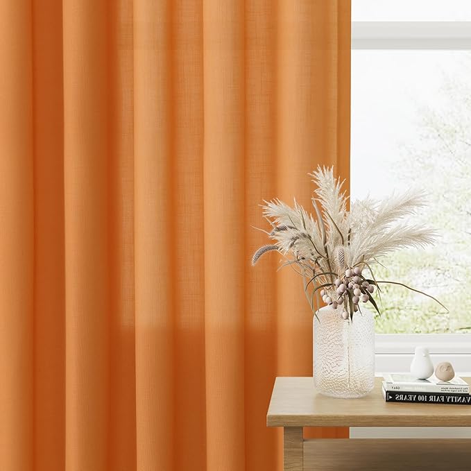 Guken Orange Linen Curtains 96 Inch Length for Living Room Bedroom 2 Panels Set Rod Pocket Light Filtering Semi Sheer Window Curtains 52 Inch Width Boho Farmhouse Linen Drapes, W52xL96