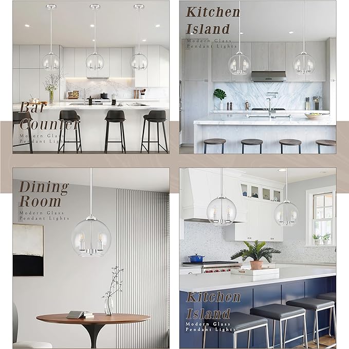 10" Globe Pendant Lights Kitchen Island Glass Globe Pendant Light Fixture Bedroom Mid Century Modern Pendant Lighting Nickel Pendant Light for Kitchen Island Dinning Room (Bulb Incl.)