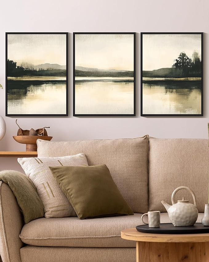 KUVIOKE Watercolor Abstract Mountain Lake Framed Wall Art Brown Landscape Nature Wilderness Painting Nordic Neutral Tan Illustration Decorative Home Decor 11x14in (Black Framed)