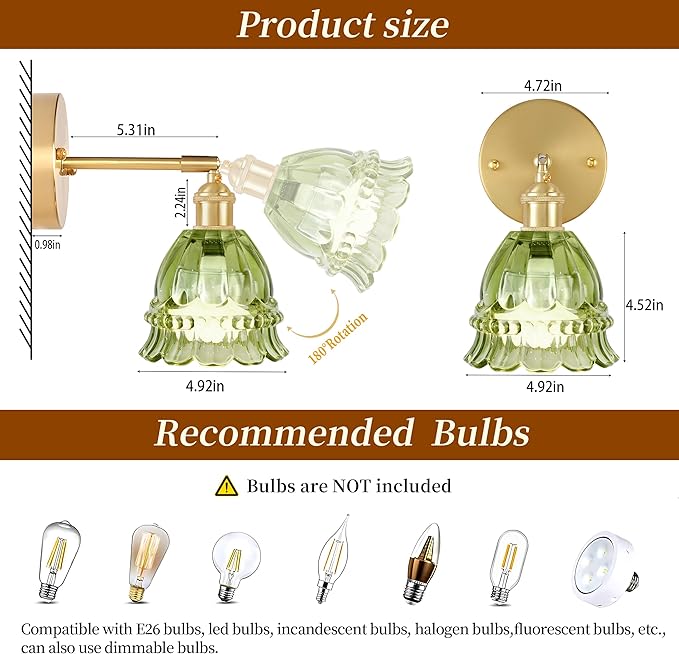 Battery Operated Wall Sconce with Remote Control,Vintage Wall Lamp with Flower lampshade,Rechargeable Battery Powered Wall Lights with 15 Colors for Beside Bedroom Living Room Doorway,Lily Green