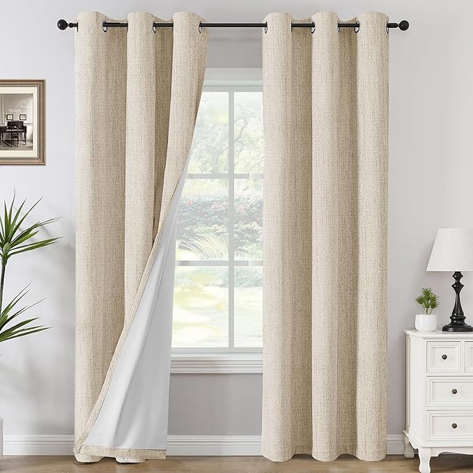 H.VERSAILTEX 100% Blackout Curtains Linen Textured Chenille Curtains Thermal Insulated Curtain Panels with White Flocking Coating Back, 42" W x 84" L, Heathered Bleached Sand(Not Solid)