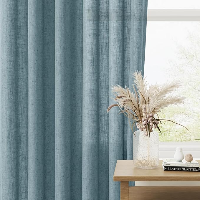 Guken Blue Linen Curtains 72 Inch Length for Living Room Bedroom 2 Panels Set Rod Pocket Light Filtering Semi Sheer Window Curtains 52 Inch Width Boho Farmhouse Linen Drapes Dusty Blue, W52xL72