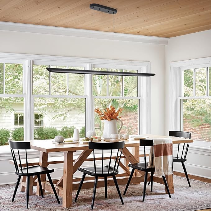 55" Modern LED Linear Pendant Light,Dimmable Kitchen Island Light 40W LED lsland Lights for Kitchen,Adjustable Linear Chandelier for Dinning Room Light Fixture, Bar, Pool Table Light Black Wood Finish