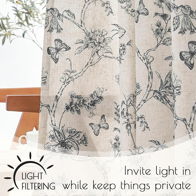 Lazzzy Farmhouse Lined Linen Black Floral Curtains 96 Inch Length Back Tab Drapes for Living Room Bedroom Light Filtering Country Vintage Rod Pocket, 2 Panels, Black on Beige