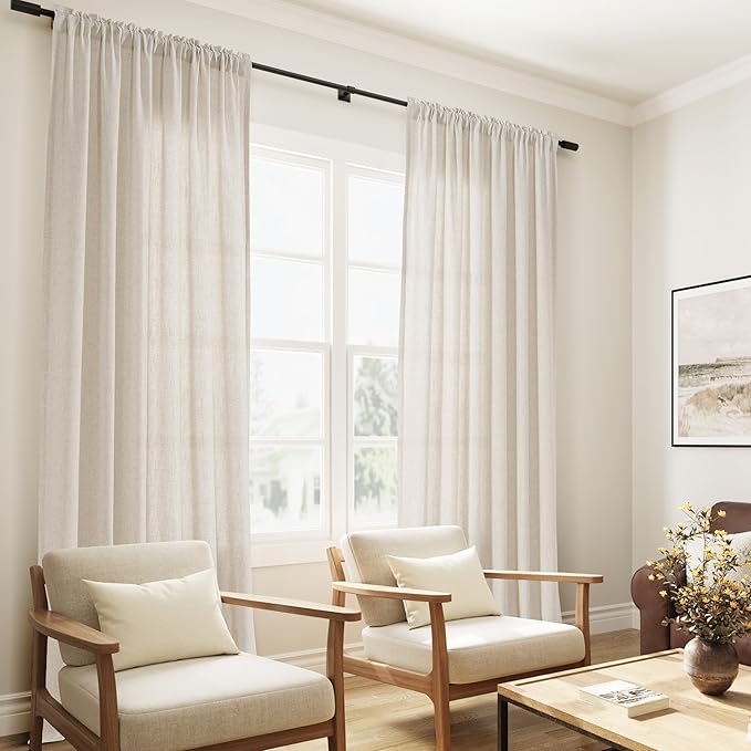 Guken Warm Beige Linen Curtains 63 Inches Long 2 Panel Set Rod Pocket Semi Sheer Dining Room Cozy Bedroom Decor Cotton Look Country Rustic Farmhouse Boho Curtains 52x63