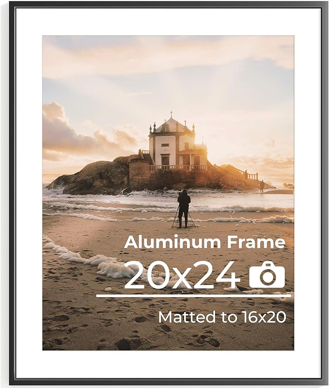 20x24 Picture Frame, 20x24 Metal Picture Frame With Mat For 16x20 Photo, Aluminum Metal Poster Frame with High Definition Plexiglass, Display for Wall Mounting or Tabletop Pack of 1,Black