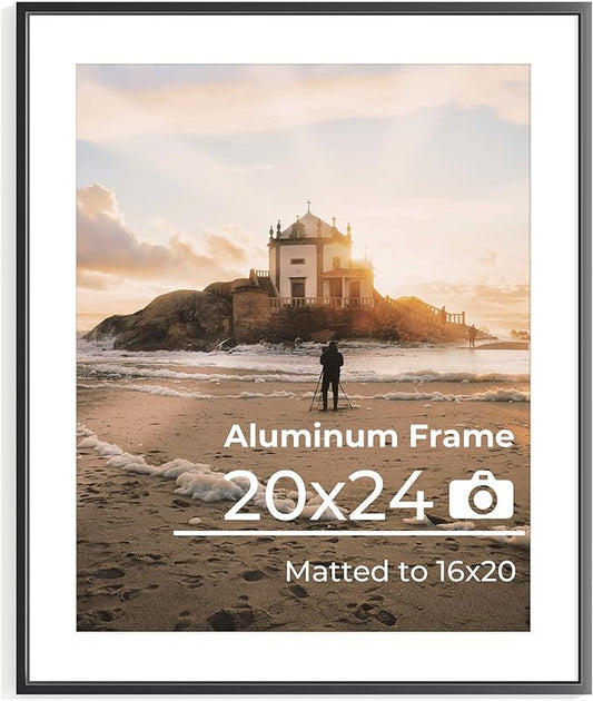 20x24 Picture Frame, 20x24 Metal Picture Frame With Mat For 16x20 Photo, Aluminum Metal Poster Frame with High Definition Plexiglass, Display for Wall Mounting or Tabletop Pack of 1,Black