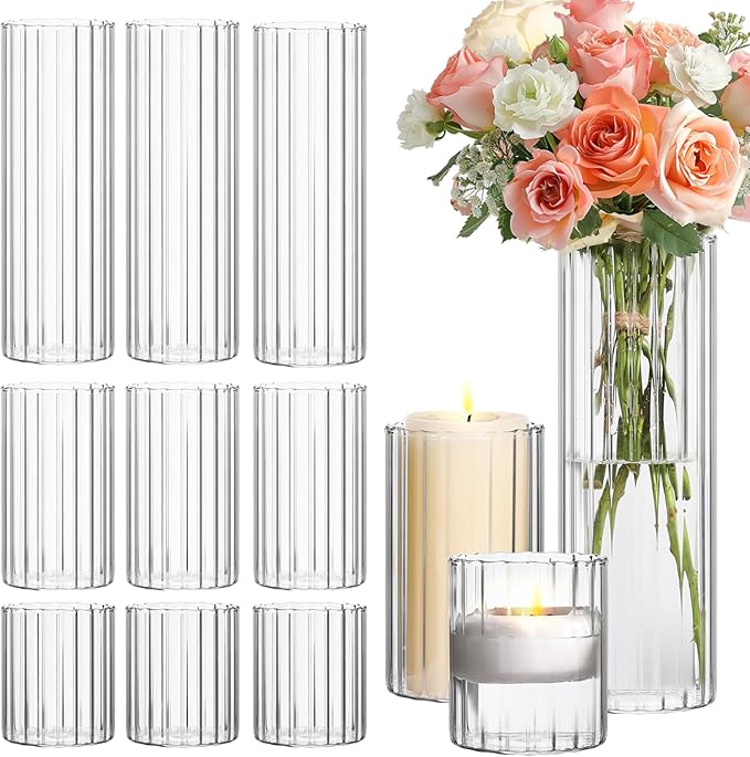 ComSaf Glass Cylinder Vases Pack of 12, Clear Ribbed Bud Vases for Centerpieces Weeding Decoration, 4 inch 6 Inch 10 Inch Tall Clear Flower Vases in Bulk, Hurricane Candle Holder for Party Home Decor
