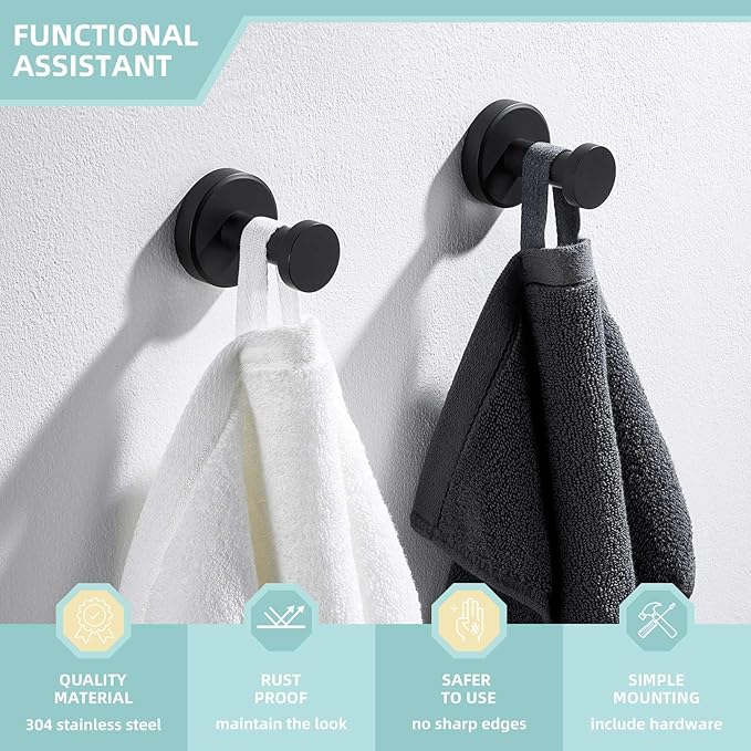 Angle Simple Towel Hooks for Bathroom, Stainless Steel Coat Robe Hooks, Bathroom Hand Towel Hanger for Wall, Matte Black, 2 Pack