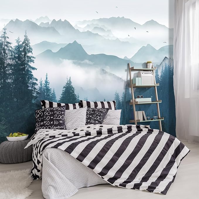 -Foggy Forest Pine Scenery Fabric Wallpaper Living Room Bedroom Bathroom Mountain Large Wall Mural- 137"x96"（ not Peel and Stick）