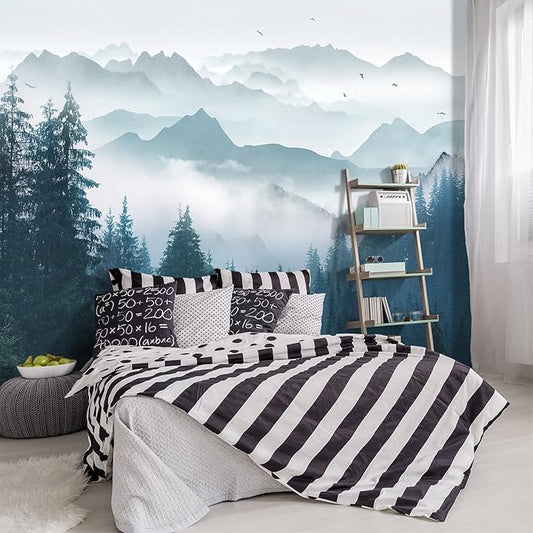 -Foggy Forest Pine Scenery Fabric Wallpaper Living Room Bedroom Bathroom Mountain Large Wall Mural- 137"x96"（ not Peel and Stick）