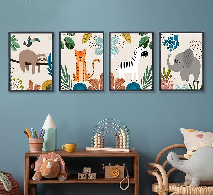 FJKLRP 4pcs Safari Nursery Wall Art Zebra elephant tiger monkey Pictures Poster Cute Animal Canvas Paintings Prints Decor for Kid Room Baby Room Wall Decor Unframed