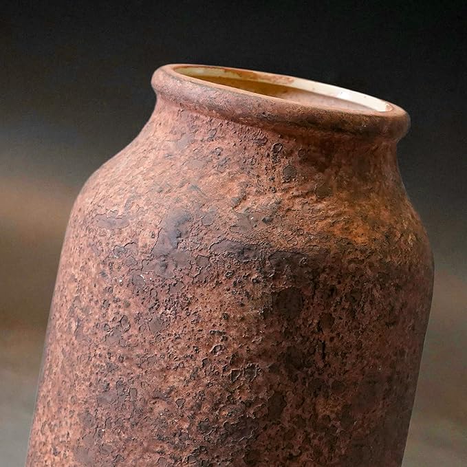 Terracotta Vase, Large Rustic Ceramic Vase, Farmhouse Decor for Living Room, Shelf, Mantle, Entryway, Room Decor, 9 Inch, Brown