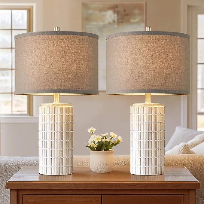 23" Set of 2 Ceramic Table Lamps, Farmhouse Bedside Lamp for Bedroom Living Room Nightstand Entryway, Side Table Lamps Modern Desk Lamp, 2 LED Bulbs Included (Gray)