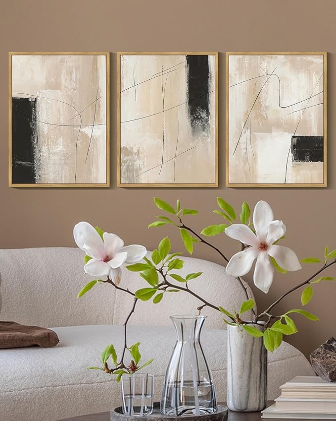 KUVIOKE Abstract Framed Wall Art Minimalist Beige Pastel Watercolor Neutral Wall Decor Modern Black Line Art Painting Home Decor 12x16in (Natural Framed)