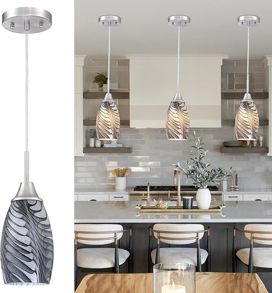 1-Pack Mini Glass Pendant Light 4.72" with Handblown Black Gray Marble Art Glass Hanging Light Oval Ceiling Hanging Light Fixture for Dining Room Kitchen Island Cafe Foyer Hallway