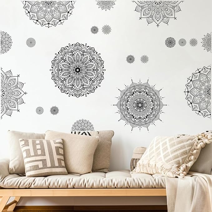 Large Mandala Wall Sticker Peel and Stick Boho Lotus Wall Decor Stickers Mandala Floral Flower Window Cling Decals Black Mandala Wall Art Decal for Bedroom Living Room Headboard Yoga Decoration