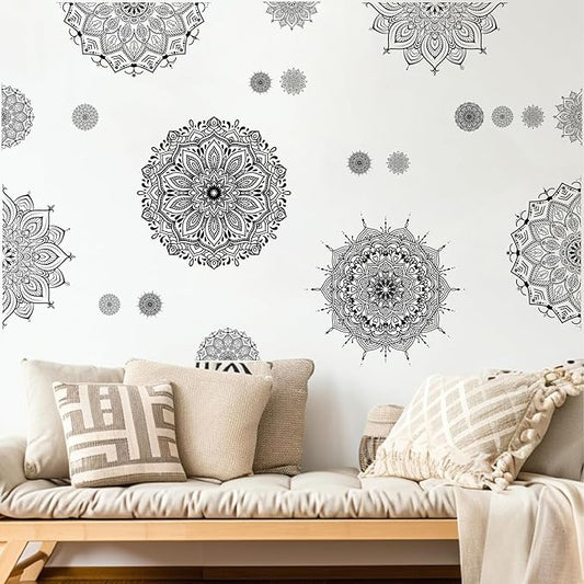 Large Mandala Wall Sticker Peel and Stick Boho Lotus Wall Decor Stickers Mandala Floral Flower Window Cling Decals Black Mandala Wall Art Decal for Bedroom Living Room Headboard Yoga Decoration