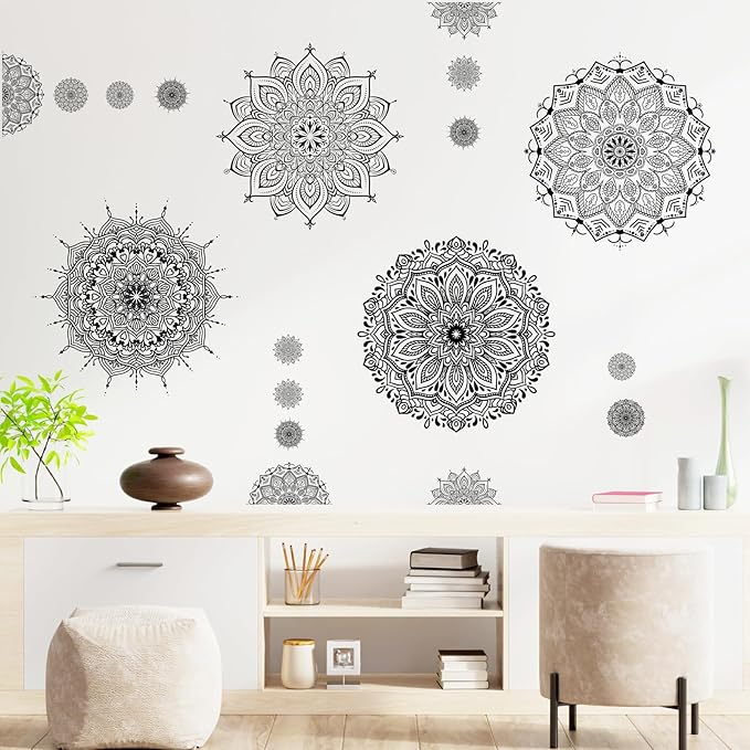 Large Mandala Wall Sticker Peel and Stick Boho Lotus Wall Decor Stickers Mandala Floral Flower Window Cling Decals Black Mandala Wall Art Decal for Bedroom Living Room Headboard Yoga Decoration