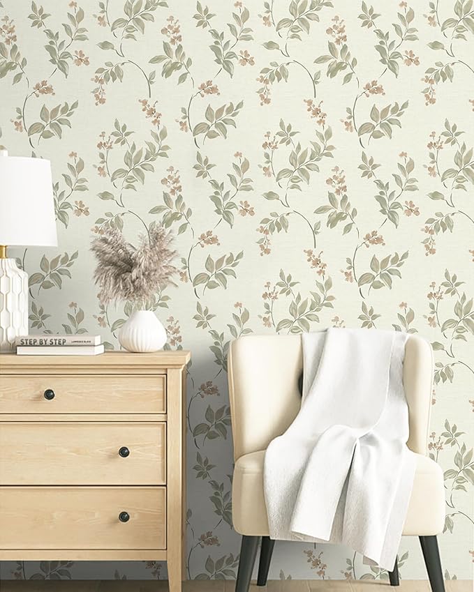 Vinjiasin Peel and Stick Wallpaper Beige Floral Contact Paper Vintage Flower Leaf Self Adhesive Removable Wall Paper for Bathroom Bedroom Livingroom 16.1"x 118"
