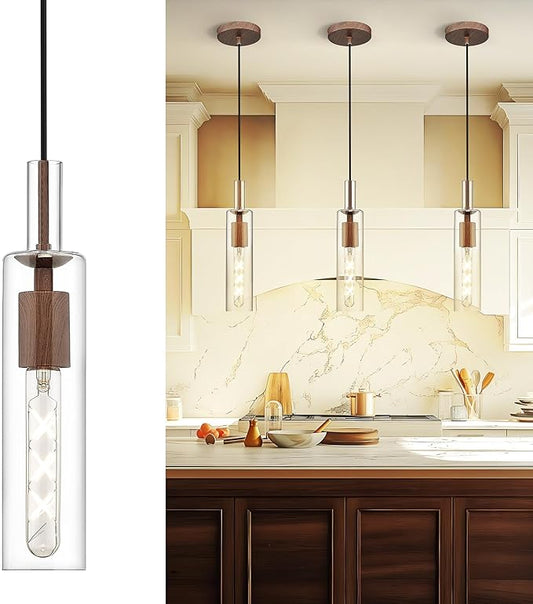 AUTELO Farmhouse Pendant Lights Kitchen Island, 1-Light Pendant Light Fixtures, Dark Wood Grain Hanging Lamp with Clear Cylinder Glass, Pendant Lighting for Kitchen Island, Dining Room, H3875 DW