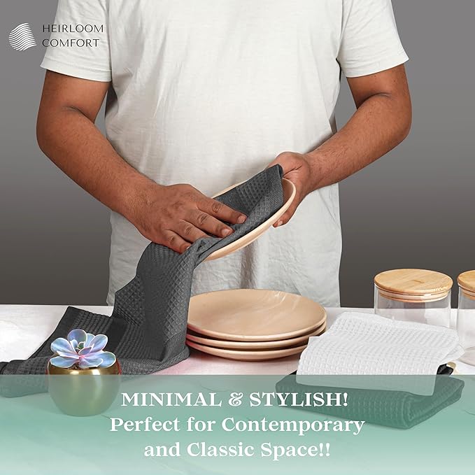 12 Pack Multi Color Waffle Weave Kitchen Towels, 16x26 Inch, 100% Cotton, Super Absorbent, Quick Dry, Hand Towels for Drying Dishes, Cleaning, Durable - White, Grey, Black