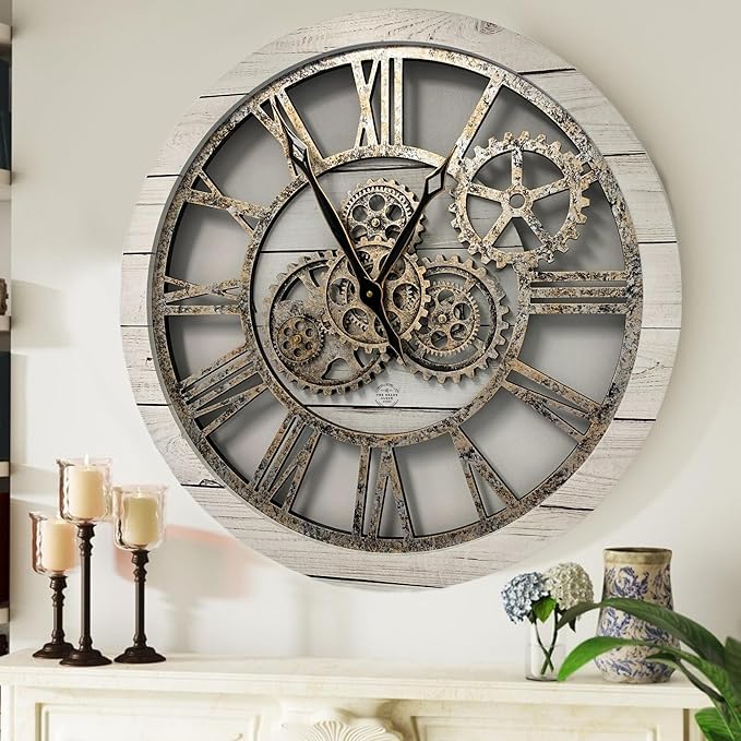 ImprovingLife The Gears Clock The Original Real Moving Gear Wall Clock Vintage Industrial Oversized Rustic Farmhouse (24 inch (60cm),White Farmhouse)