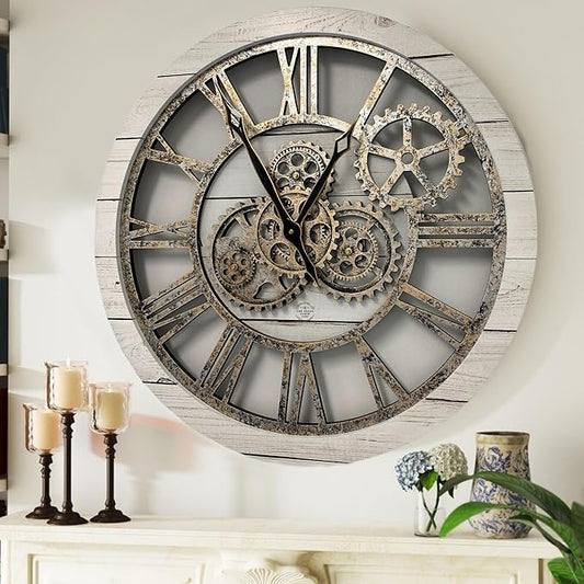 ImprovingLife The Gears Clock The Original Real Moving Gear Wall Clock Vintage Industrial Oversized Rustic Farmhouse (24 inch (60cm),White Farmhouse)