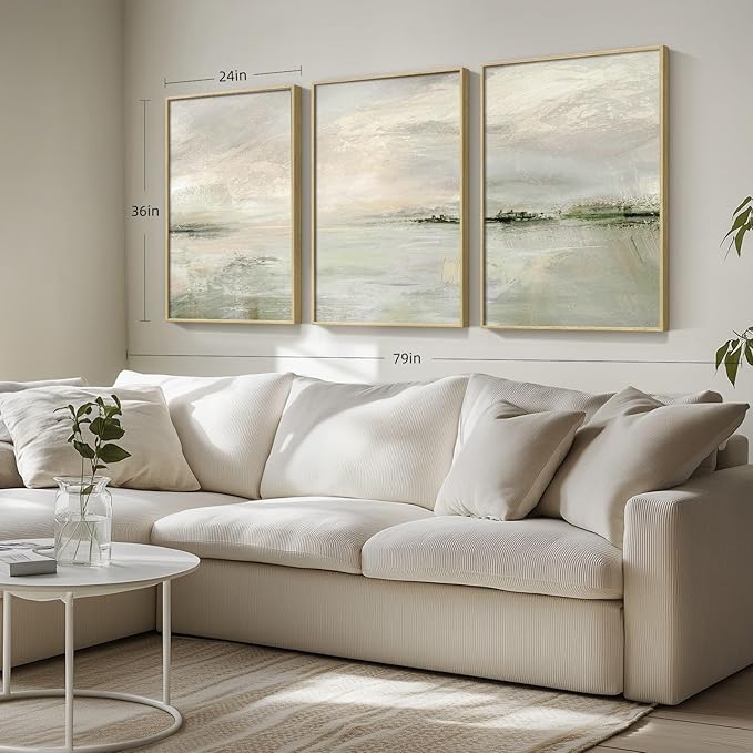 Framed Extra Large Green Abstract Wall Art for Living Room, 3 Piece Contemporary Landscape Canvas Artwork, Modern Minimalist Painting Prints for Dining Room Hallway Home Office Wall Decor, 24x36 Inch