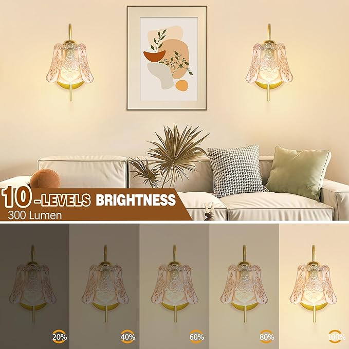 Battery Operated Wall Sconce with Remote Control,Vintage Wall Sconce with Amber Rose Texture,Rechargeable Battery Wall lamp Wall Lights with 15 Colors for Bedroom Living Room Doorway,Set of 2