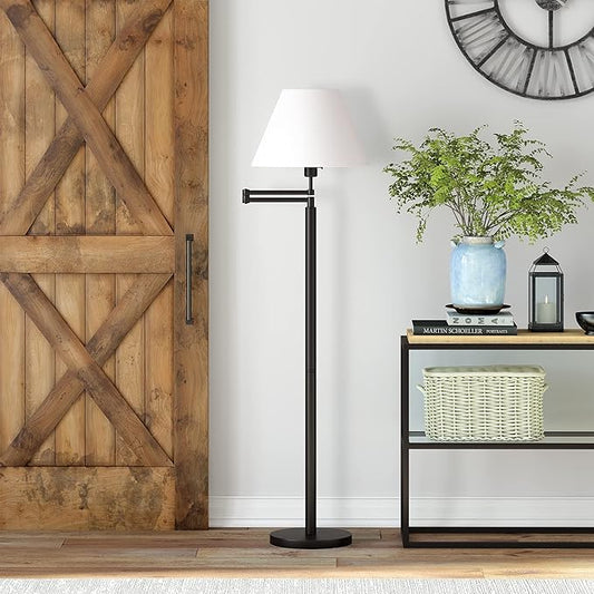 Moby Swing Arm Floor Lamp with Fabric Empire Shade in Blackened Bronze/White