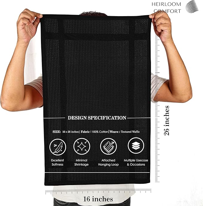 3 Pack Black Waffle Weave Kitchen Towels, 16x26 Inch, 100% Cotton Dishcloth Set, Super Absorbent, Fast Dry, Teal Towels, Soft Hand Towel, Dish Rags, Wash Cloth, Cleaning, Durable