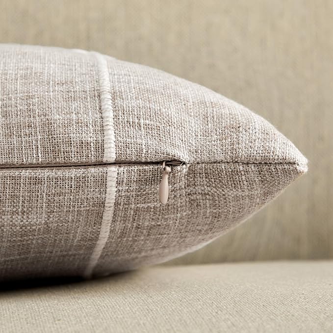 2 Packs Grid Embroidery Throw Pillow Covers, 22x22 Inch Taupe, Farmhouse Linen Decorative Light Brown Cushion Covers for Sofa Bed Living Room Home Decor