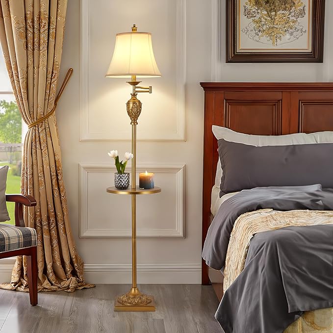 Traditional LED Floor Lamp with 350° Adjustable Swing Arm Lamp – Vintage Standing Pole lamp for Living Room, Bedroom and Office – Rustic Upright Floor Light for Home Décor with Silk Fabric Shade