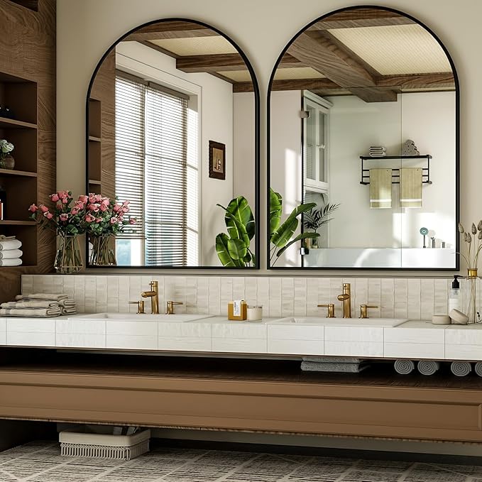 Arch Bathroom Mirror, 26x38 inch Arched Bathroom Mirror/Wall Mounted Vanity Mirror - Arch Metal Frame Wall Mirror for Bathroom Bedroom Living Room, Black