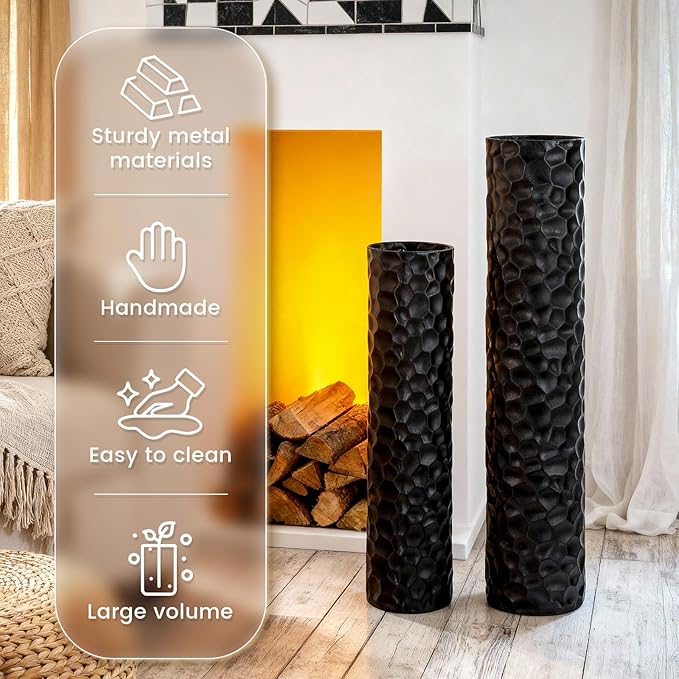 Tall Matte Black Floor Vase Set of 2, 27.6" & 21.7" H Extra Large Cylindrical Metal Standing Vase, Modern Big Floor Vases with Hammered Texture & Weighted Base for Living Room Bedroom Corner Decor