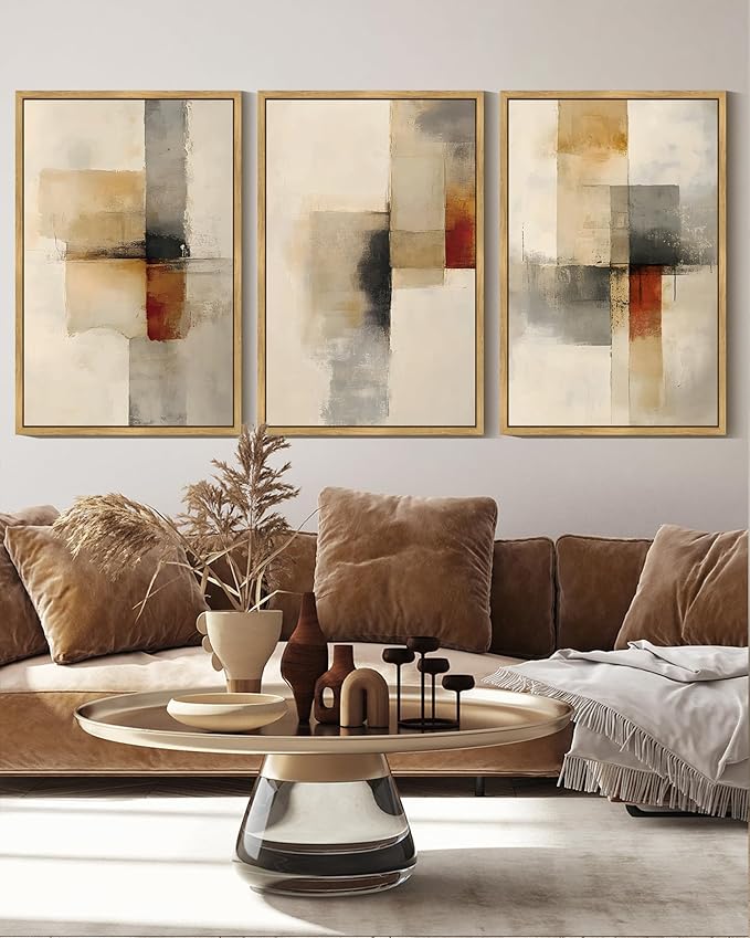 KUVIOKE Framed Abstract Wall Art Minimalist Beige Gray Red Pastel Watercolor Wall Decor Modern Neutral Art Print Home Decor 16x24in (Natural Framed)