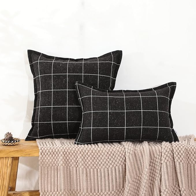 Plaid Pillow Black and White Plaid Boho Farmhouse Linen Throw Pillow Covers Set of 2, 16x16 Inches, Black