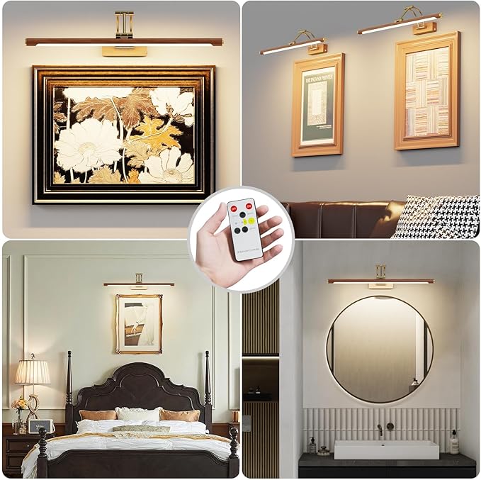 Wireless Picture Lights for Wall Rechargeable,16.1" Battery Operated Art Light for Paintings,3CCT Dimmable with Remote,Rotatable Gallery Light for Pictures Display,Wood Grain