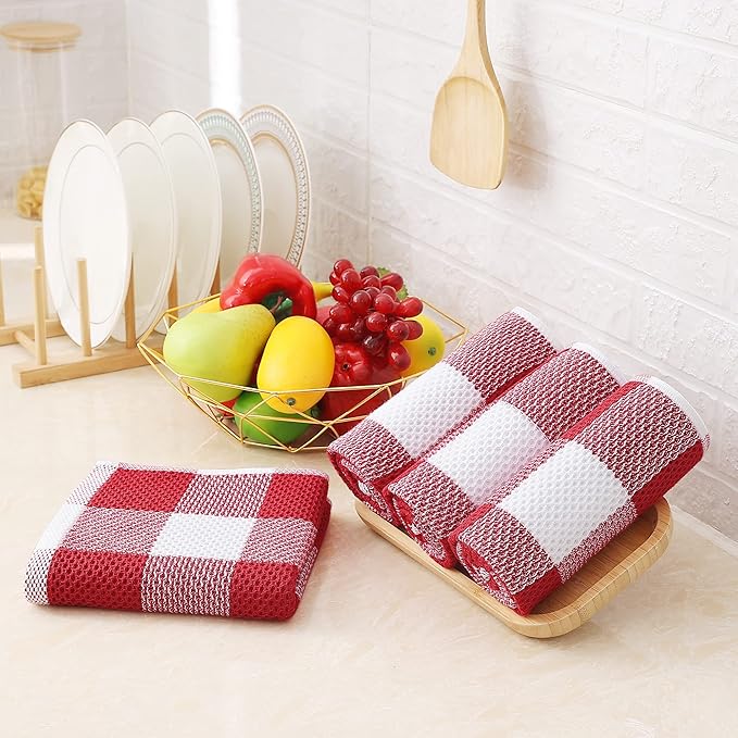 Homaxy 100% Cotton Waffle Weave Check Plaid Kitchen Towels, 13 x 28 Inches, Super Soft and Absorbent Dish Towels for Drying Dishes, 4-Pack, White & Red