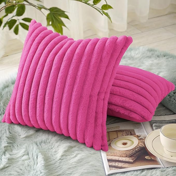 decorUhome Faux Fur Throw Pillow Covers 16x16 Set of 2, Decorative Soft Plush Striped Neutral Couch Euro Pillow Covers with Velvet Back for Sofa, Bed, Living Room Home Decor, Hot Pink