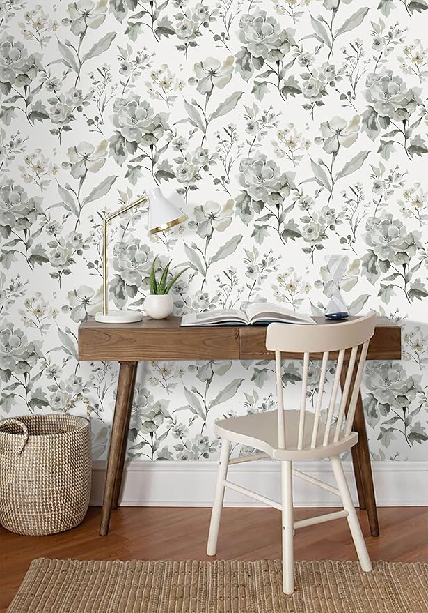 Vinjiasin Wallpaper Peel and Stick Black and White Ink Floral Contact Paper Vintage Flower Leaf Wall Paper for Bathroom Bedroom Self Adhesive Removable 16.1"x 118"