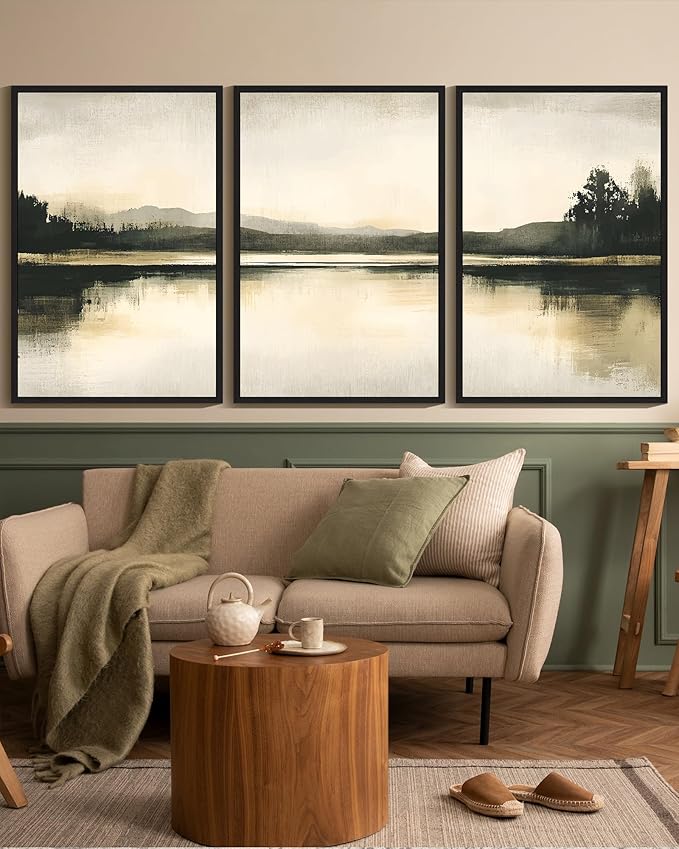 KUVIOKE Watercolor Abstract Mountain Lake Framed Wall Art Brown Landscape Nature Wilderness Painting Nordic Neutral Tan Illustration Decorative Home Decor 24x36in (Black Framed)