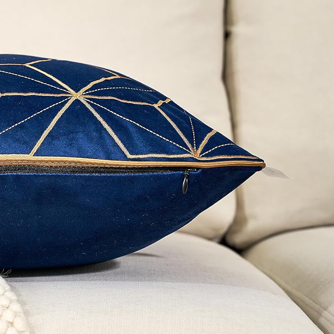 Aeckself 12 x 20 Inch Navy Blue Gold Plaid Geometric Lines Embroidery Velvet Cushion Case Luxury Modern Rectangular Throw Pillow Cover Decorative Pillow for Couch Living Room Bedroom Car