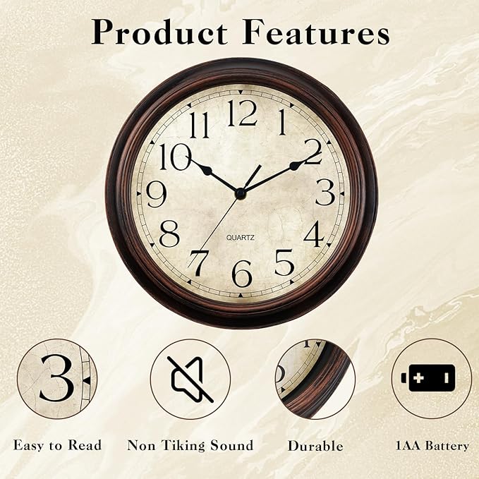 Wall Clock 10 Inch Battery Operated Silent Non-Ticking Analog Wall Clocks Vintage Retro Rustic Style Decorative for Bedroom Living Room Kitchen Office (Bronze)