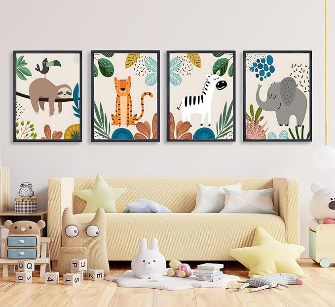 FJKLRP 4pcs Safari Nursery Wall Art Zebra elephant tiger monkey Pictures Poster Cute Animal Canvas Paintings Prints Decor for Kid Room Baby Room Wall Decor Unframed