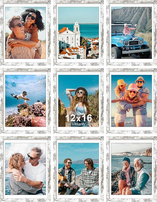 Vittanly 12x16 Picture Frames Set of 9, Shatter Resistant Plexiglass, Display 11x14 Pictures with Mat or 12x16 without Mat, Photo Frames for Wall Mount, Engineered Wood, Distressed White
