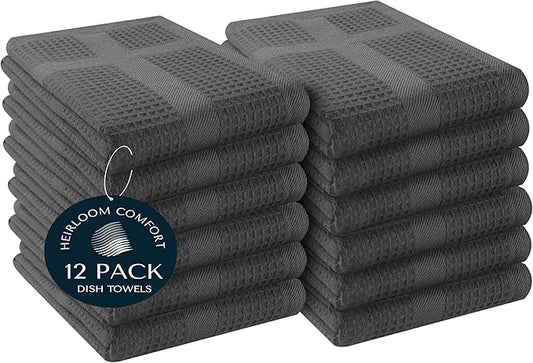 100% Cotton Kitchen Towels, 16"x26", 12 Pack, Waffle Weave, Absorbent, Fast Drying Dishcloth Set for Cleaning, Hand Towels, Dish Rags, Wash Cloth, Durable, Machine Washable, Gray