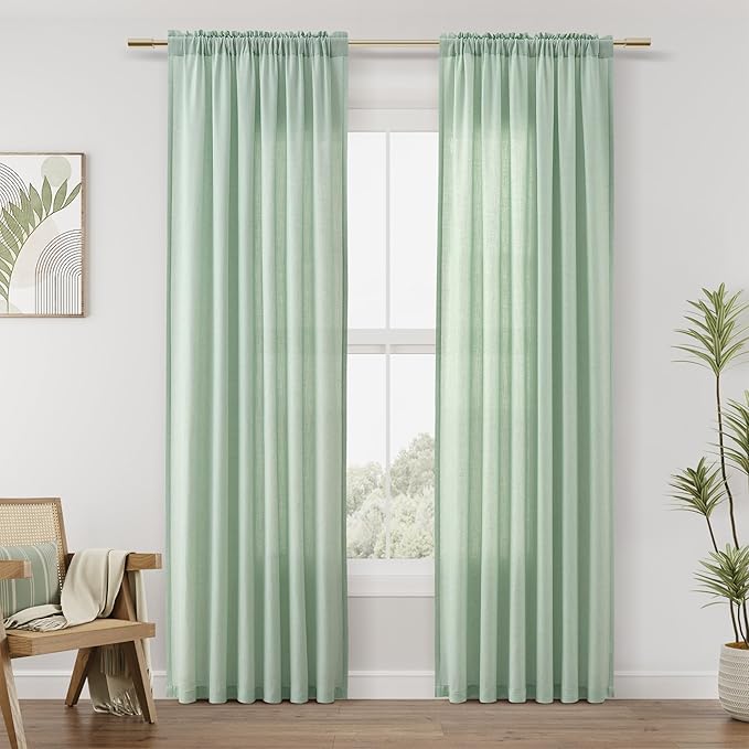 Guken Aqua Green Linen Curtains 84 Inches Long 2 Panel Set Rod Pocket Semi Sheer Dining Room Cozy Bedroom Decor Cotton Look Country Rustic Farmhouse Boho Curtains 52x84