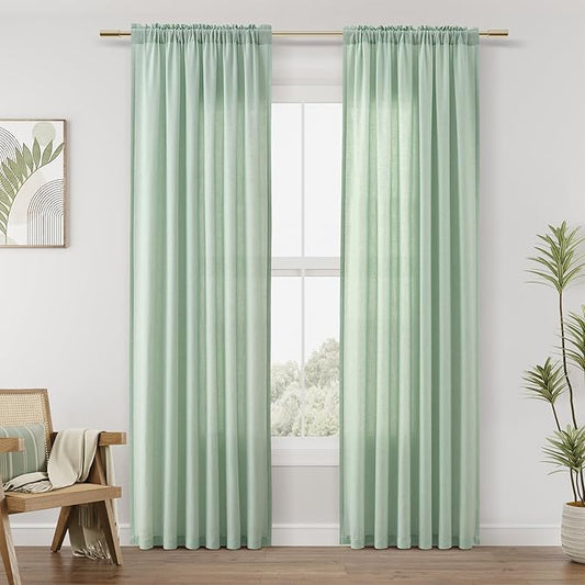 Guken Aqua Green Linen Curtains 84 Inches Long 2 Panel Set Rod Pocket Semi Sheer Dining Room Cozy Bedroom Decor Cotton Look Country Rustic Farmhouse Boho Curtains 52x84